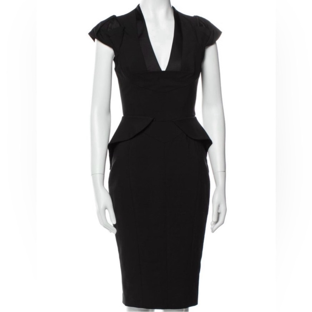 Karen Millen Black Midi Dress with Deep V-neck, Cap Sleeves, Peplum, Lining, US2